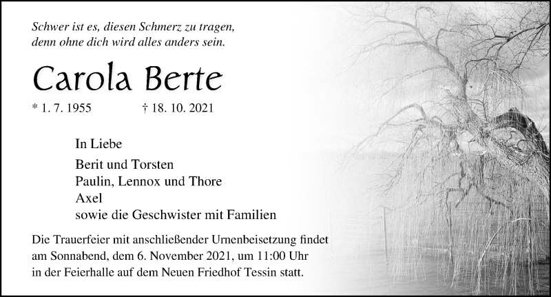  Traueranzeige für Carola Berte vom 23.10.2021 aus Ostsee-Zeitung GmbH