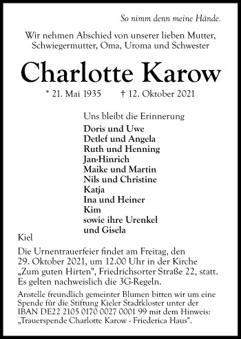 Traueranzeige von Charlotte Karow von Kieler Nachrichten