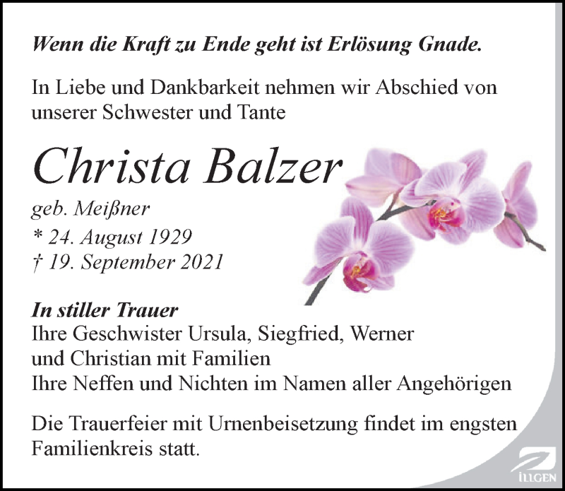  Traueranzeige für Christa Balzer vom 02.10.2021 aus Leipziger Volkszeitung
