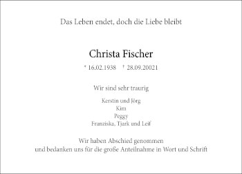 Traueranzeige von Christa Fischer von Lübecker Nachrichten