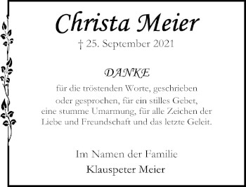 Traueranzeige von Christa Meier von Lübecker Nachrichten