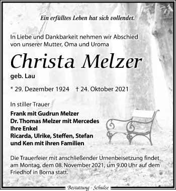 Traueranzeige von Christa Melzer von Leipziger Volkszeitung