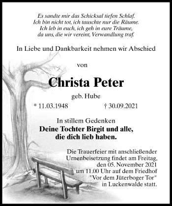 Traueranzeige von Christa Peter von Märkischen Allgemeine Zeitung