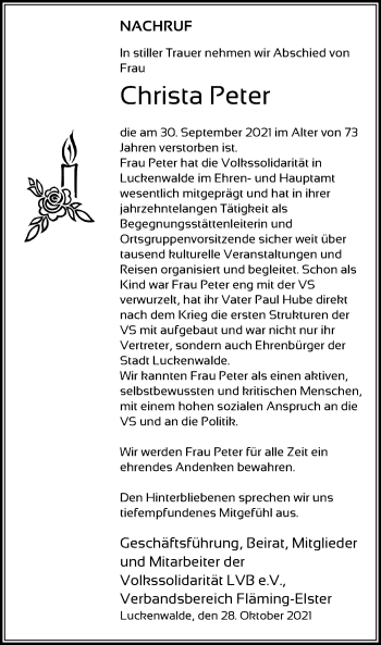 Traueranzeige von Christa Peter von Märkischen Allgemeine Zeitung