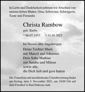 Traueranzeige von Christa Rambow von Ostsee-Zeitung GmbH