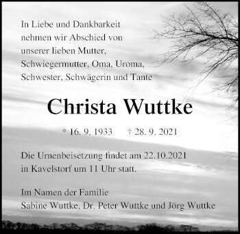 Traueranzeige von Christa Wuttke von Ostsee-Zeitung GmbH