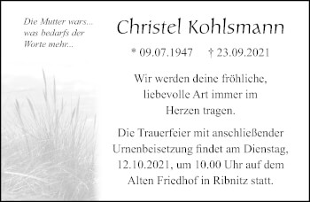 Traueranzeige von Christel Kohlsmann von Ostsee-Zeitung GmbH