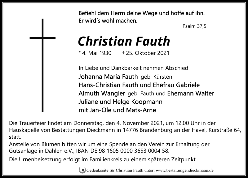  Traueranzeige für Christian Fauth vom 30.10.2021 aus Märkischen Allgemeine Zeitung