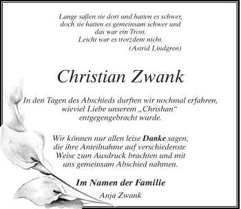 Traueranzeige von Christian Zwank von Märkischen Allgemeine Zeitung