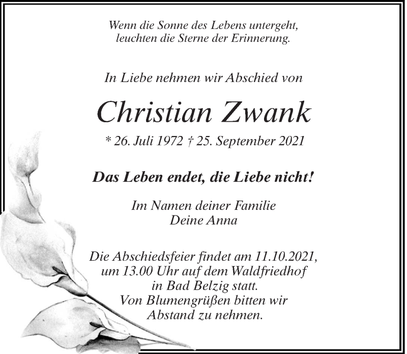  Traueranzeige für Christian Zwank vom 02.10.2021 aus Märkischen Allgemeine Zeitung