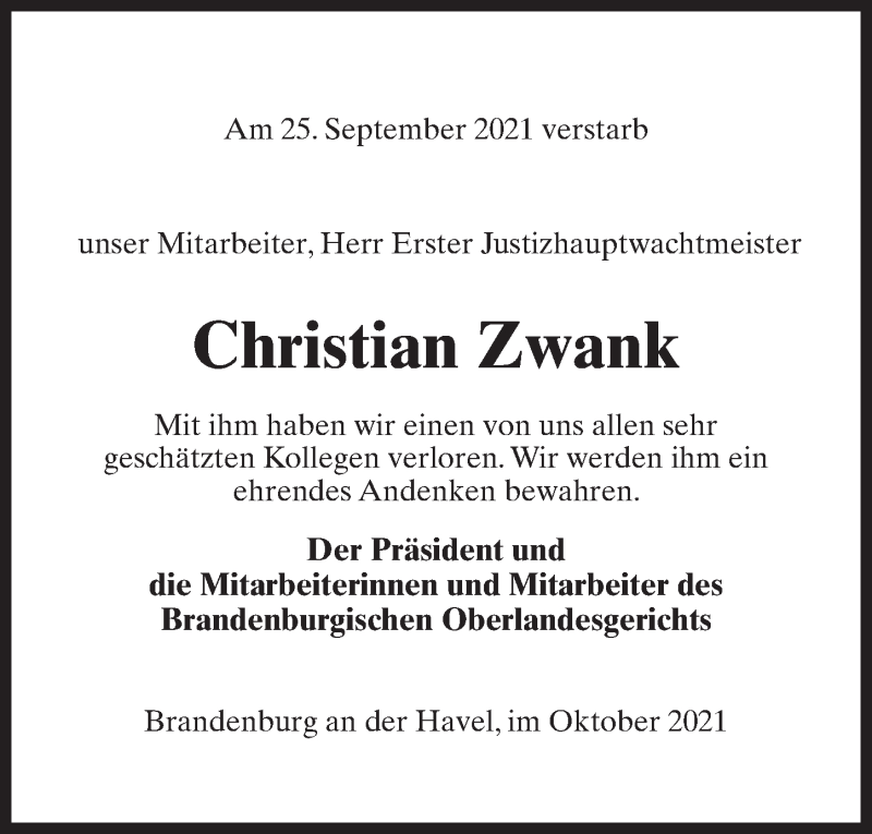  Traueranzeige für Christian Zwank vom 09.10.2021 aus Märkischen Allgemeine Zeitung