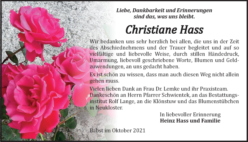  Traueranzeige für Christiane Hass vom 23.10.2021 aus Ostsee-Zeitung GmbH
