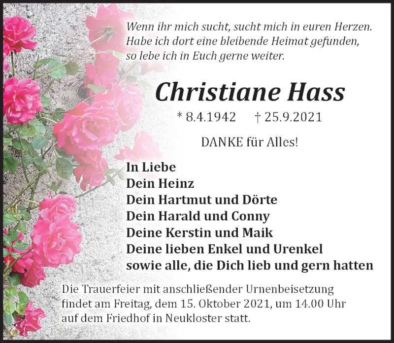  Traueranzeige für Christiane Hass vom 02.10.2021 aus Ostsee-Zeitung GmbH