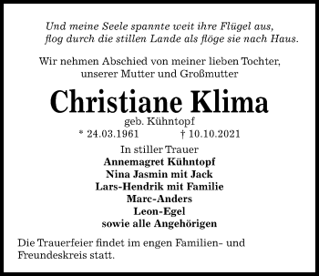 Traueranzeige von Christiane Klima von Kieler Nachrichten