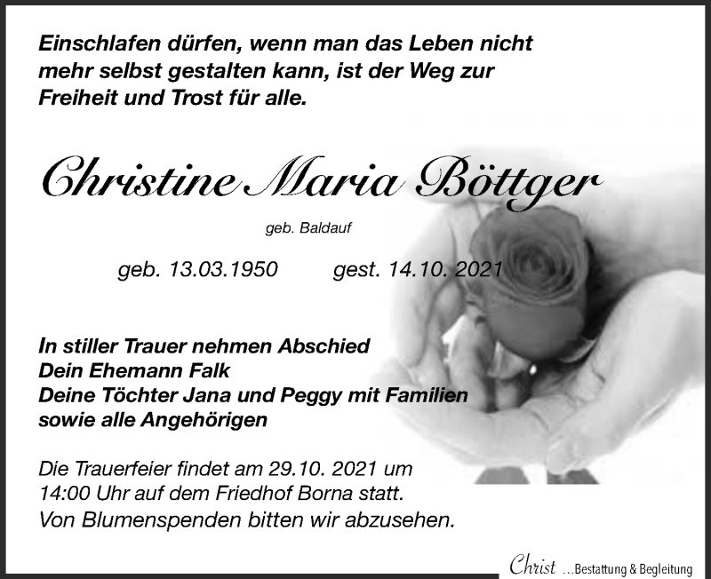  Traueranzeige für Christine Maria Böttger vom 23.10.2021 aus Leipziger Volkszeitung