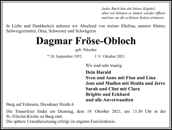 Traueranzeige von Dagmar Fröse-Obloch von Lübecker Nachrichten