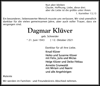 Traueranzeige von Dagmar Klüver von Kieler Nachrichten