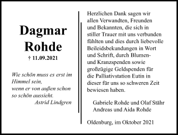 Traueranzeige von Dagmar Rohde von Lübecker Nachrichten