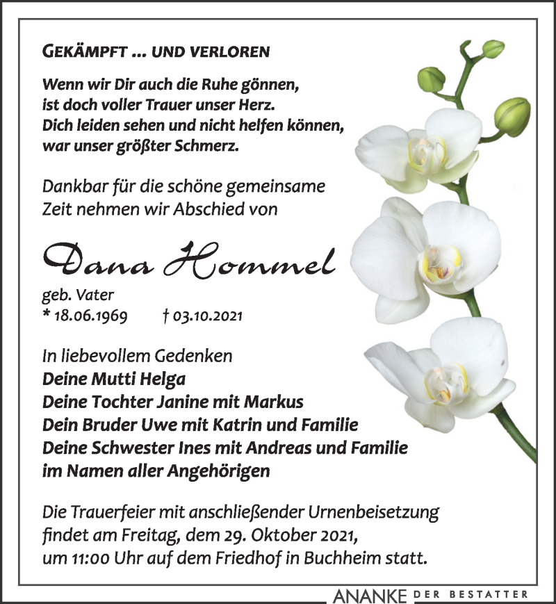  Traueranzeige für Dana Hommel vom 16.10.2021 aus Leipziger Volkszeitung