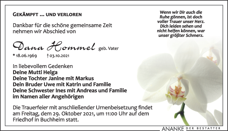  Traueranzeige für Dana Hommel vom 16.10.2021 aus Leipziger Volkszeitung