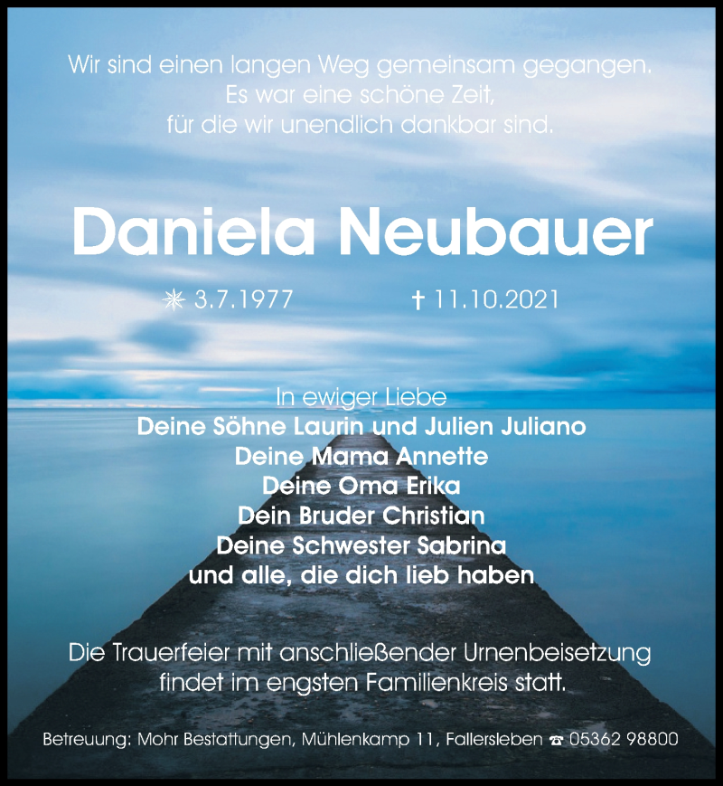  Traueranzeige für Daniela Neubauer vom 23.10.2021 aus Aller Zeitung
