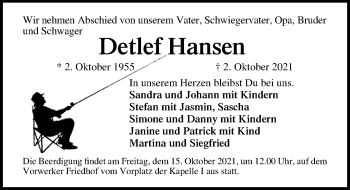 Traueranzeige von Detlef Hansen von Lübecker Nachrichten