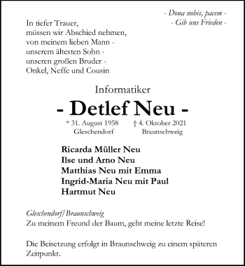 Traueranzeige von Detlef Neu von Lübecker Nachrichten