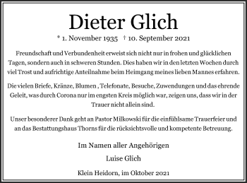 Traueranzeige von Dieter Glich von Hannoversche Allgemeine Zeitung/Neue Presse