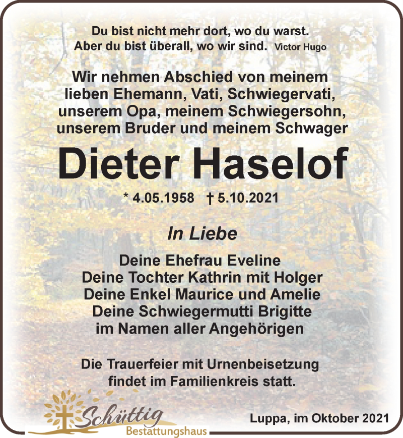 Traueranzeige für Dieter Haselof vom 16.10.2021 aus Leipziger Volkszeitung