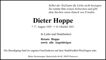 Traueranzeige von Dieter Hoppe von Hannoversche Allgemeine Zeitung/Neue Presse