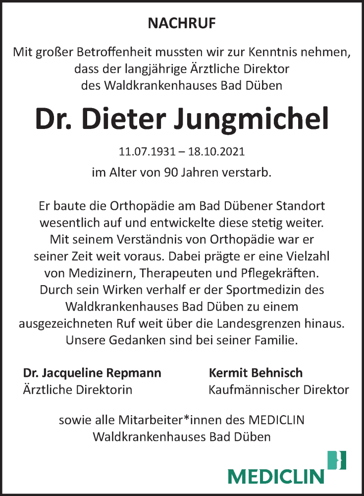  Traueranzeige für Dieter Jungmichel vom 23.10.2021 aus Leipziger Volkszeitung