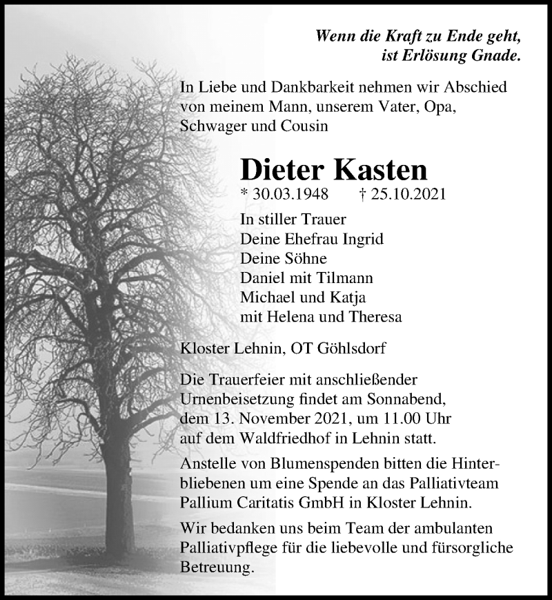  Traueranzeige für Dieter Kasten vom 30.10.2021 aus Märkischen Allgemeine Zeitung