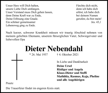 Traueranzeige von Dieter Nebendahl von Kieler Nachrichten