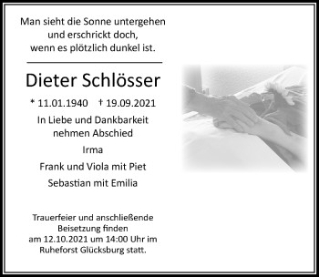 Traueranzeige von Dieter Schlösser von Lübecker Nachrichten