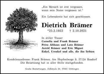 Traueranzeige von Dietrich Brämer von Göttinger Tageblatt