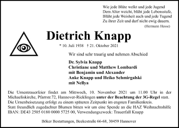 Traueranzeige von Dietrich Knapp von Hannoversche Allgemeine Zeitung/Neue Presse
