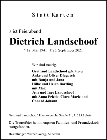 Traueranzeige von Dietrich Landschoof von Hannoversche Allgemeine Zeitung/Neue Presse