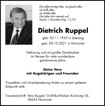 Traueranzeige von Dietrich Ruppel von Hannoversche Allgemeine Zeitung/Neue Presse