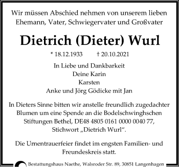 Traueranzeige von Dietrich Wurl von Hannoversche Allgemeine Zeitung/Neue Presse