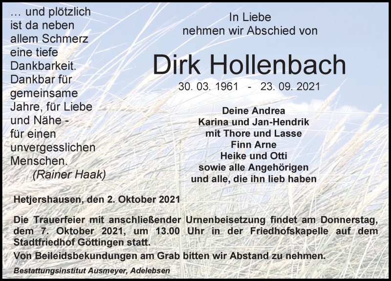  Traueranzeige für Dirk Hollenbach vom 02.10.2021 aus Göttinger Tageblatt