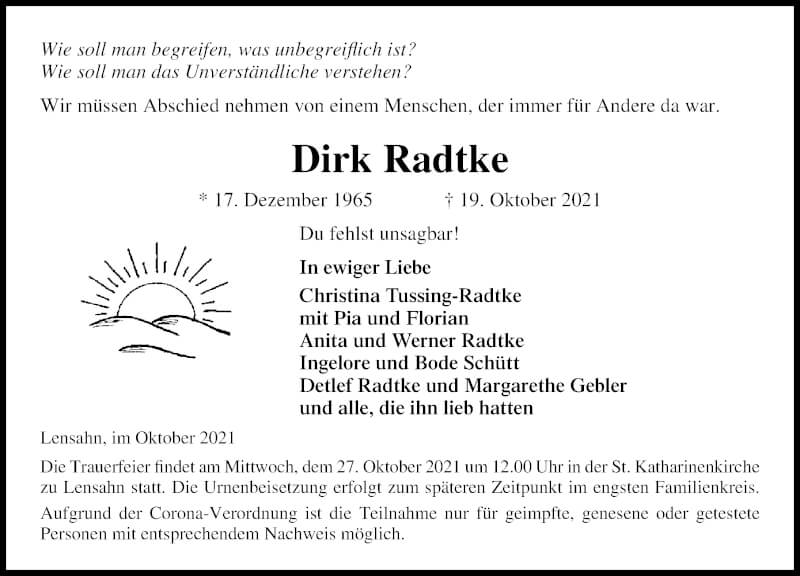  Traueranzeige für Dirk Radtke vom 23.10.2021 aus Lübecker Nachrichten