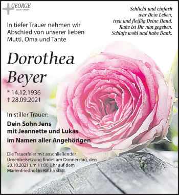 Traueranzeige von Dorothea Beyer von Leipziger Volkszeitung