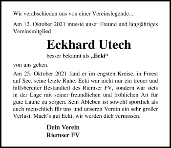 Traueranzeige von Eckhard Utech von Ostsee-Zeitung GmbH