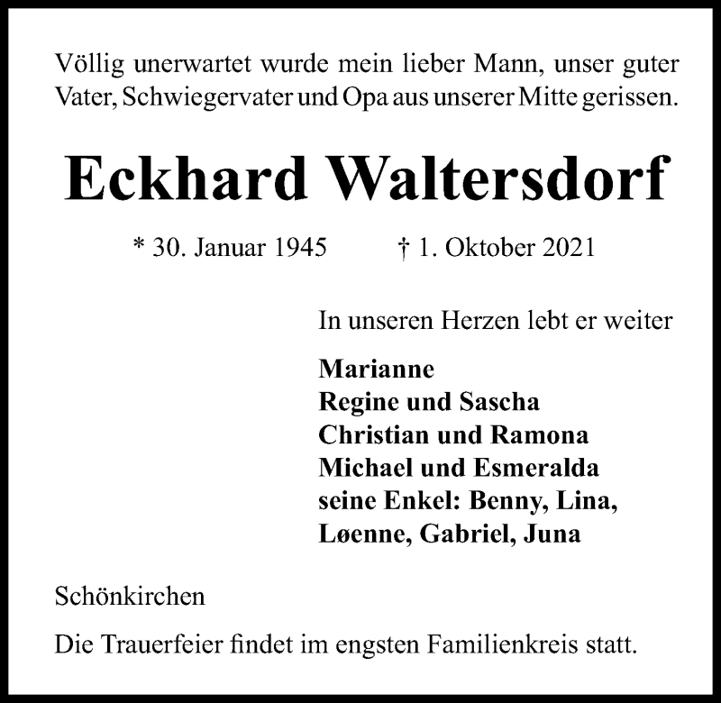  Traueranzeige für Eckhard Waltersdorf vom 09.10.2021 aus Kieler Nachrichten
