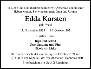 Traueranzeige von Edda Karsten von Lübecker Nachrichten