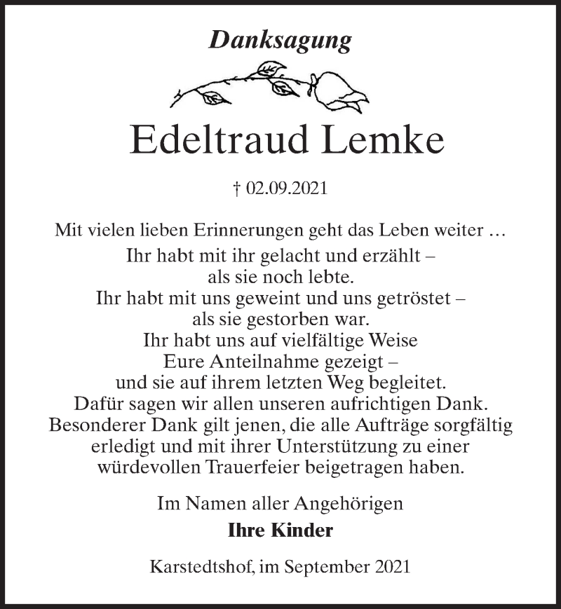  Traueranzeige für Edeltraud Lemke vom 09.10.2021 aus Märkischen Allgemeine Zeitung