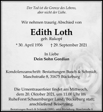 Traueranzeige von Edith Loth von Schaumburger Nachrichten