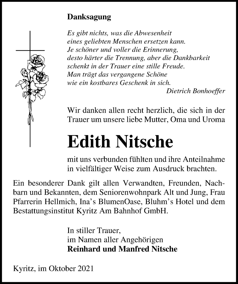  Traueranzeige für Edith Nitsche vom 16.10.2021 aus Märkischen Allgemeine Zeitung