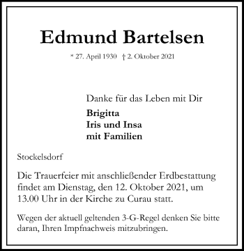 Traueranzeige von Edmund Bartelsen von Lübecker Nachrichten