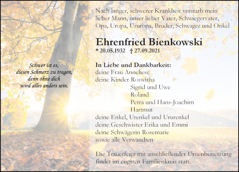  Traueranzeige für Ehrenfried Bienkowski vom 02.10.2021 aus Ostsee-Zeitung GmbH